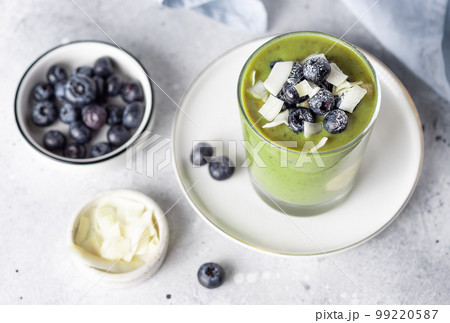 chia pudding with green superfood powder, banana, almond milk chia pudding with green superfood powder, banana, almond milk 99220587