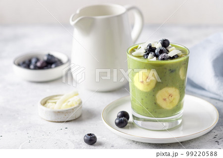 healthy detox chia pudding, topped with blueberries, coconut chips. 99220588