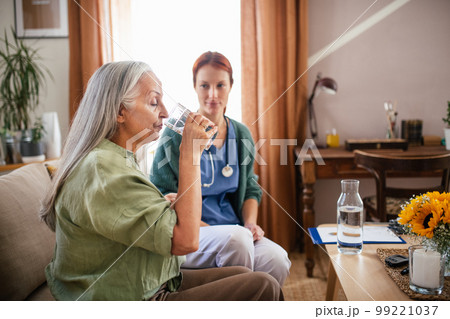 Nurse cosulting with senior her health condition, taking pills. 99221037