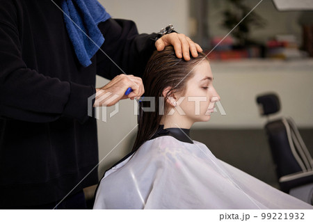 male hairdresser is combing the hair of the female client. male hairdresser is combing the hair of the female client. 99221932