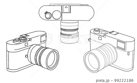 sketch of photo retro film Camera set by hand painting writing, isolated on white background 99222186