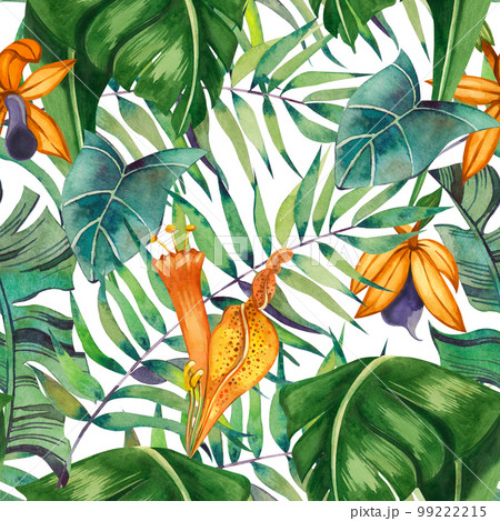 Seamless pattern on a white background. Tropical orange flowers and green plants leaves hand-drawn in watercolor on a white background. Great for printing on fabric, wallpaper 99222215