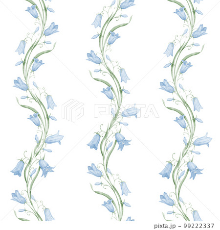 Watercolor seamless Pattern with Bluebell Flowers on isolated background. Hand drawn backdrop with wild Bellflowers for textile design or wrapping paper or textile. Wallpaper in pastel blue colors. 99222337