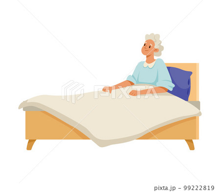 Happy Aged Gray-haired Woman on Retirement Lying in Bed Vector Illustration 99222819