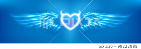 Devil heart with horns and wings on blue background. Glowing fantasy, Happy Valentines day illuminated. Imp glowing fantasy, Luxury greeting card. Glow Halloween art illumination. Vector 99222988