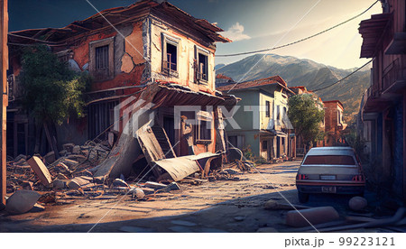 View on a collapse and ruins of a buildings after an earthquake, aftermath, mountain view on background. Generated AI 99223121