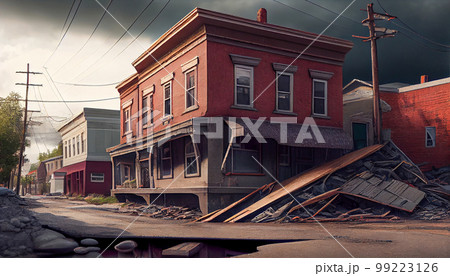 View on a collapse and ruins of a buildings after an earthquake, aftermath, clouds on background. Generated AI 99223126