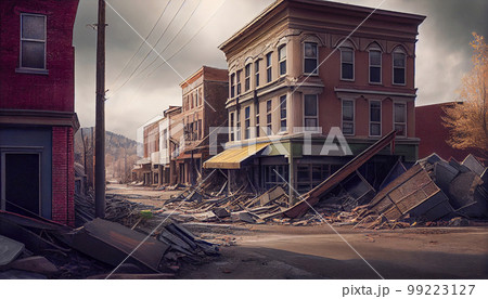 View on a collapse and ruins of a buildings after an earthquake, aftermath. Generated AI 99223127