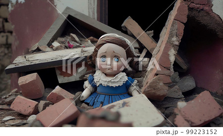 Doll and ruins of city buildings after the earthquake. Generated AI 99223152