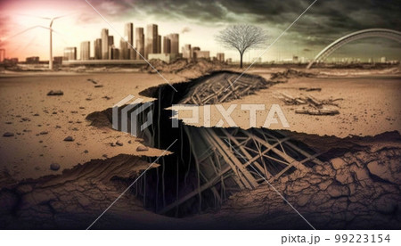 Ruins of a buildings with a crack in the ground after an earthquake, city view on background. Generated AI 99223154
