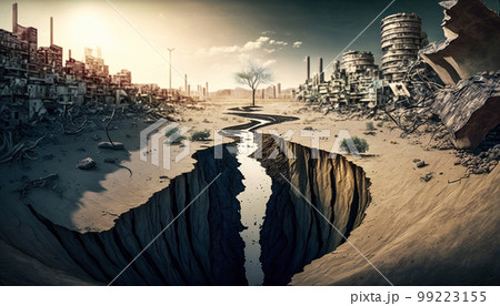 Ruins of a buildings with a crack in the ground after an earthquake, city concept. Generated AI 99223155