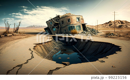 Ruins of a building with a crack in the ground after an earthquake, mountain background. Generated AI 99223156