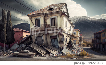 View on a collapse and ruins of a buildings after an earthquake, aftermath, mountain view on background. Generated AI 99223157