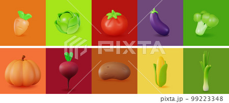 3d Different Vegetables Set Plasticine Cartoon Style Include of Tomato, Carrot, Eggplant and Cabbage. Vector illustration 99223348