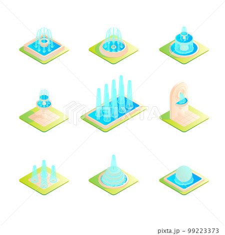 Color Fountain Set 3d Isometric View Architecture Element Design for Park and Garden. Vector illustration of Fountains Color Fountain Set 3d Isometric View Architecture Element Design for Park and Garden. Vector illustration of Fountains 99223373