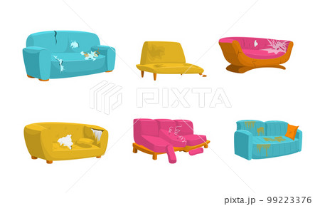 Cartoon Color Different Dirty Broken Sofa Set Concept Flat Design Style. Vector illustration of Couch with Holes 99223376