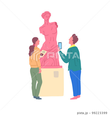Cartoon Color Characters People Gallery Visitor and Antique Statue on a Pedestal Concept Flat Design Style. Vector illustration 99223399