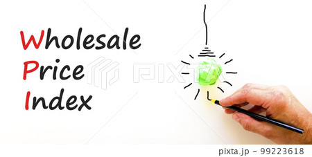WPI wholesale price index symbol. Concept words WPI wholesale price index on white paper on a beautiful white background. Light bulb icon. Business WPI wholesale price index concept. Copy space. 99223618