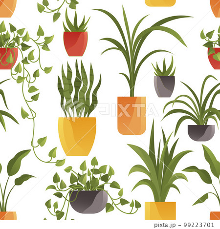 Plant in pot set seamless pattern. Cartoon flat different indoor potted decorative houseplants Plant in pot set seamless pattern. Cartoon flat different indoor potted decorative houseplants 99223701