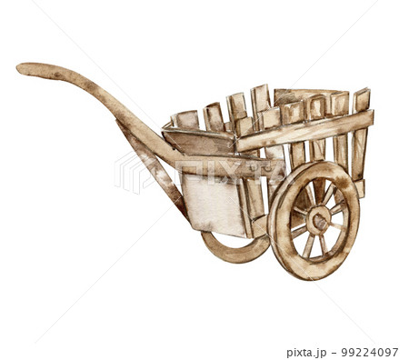 Watercolor hand drawn wooden cart.  Cute hand painted  illustration for greeting cards, prints, souvenirs,post cards. Illustartion isolated on white background. 99224097