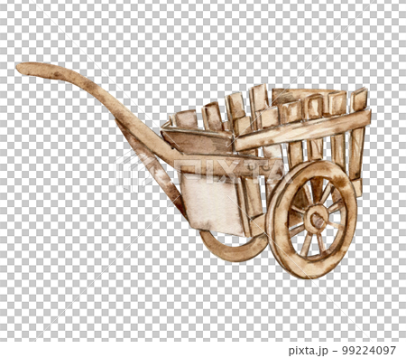Watercolor hand drawn wooden cart.  Cute hand painted  illustration for greeting cards, prints, souvenirs,post cards. Illustartion isolated on white background. 99224097