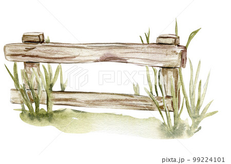Watercolor hand drawn wooden fencewith green grass.  Cute hand painted  illustration for greeting cards, prints, souvenirs,post cards. Illustartion isolated on white background. 99224101