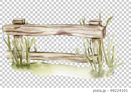 Watercolor hand drawn wooden fencewith green grass.  Cute hand painted  illustration for greeting cards, prints, souvenirs,post cards. Illustartion isolated on white background. 99224101