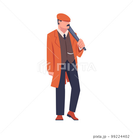 Man Bandit or Gangster of Old London Wearing Overcoat and Peaked Flat Cap Vector Illustration Man Bandit or Gangster of Old London Wearing Overcoat and Peaked Flat Cap Vector Illustration 99224402