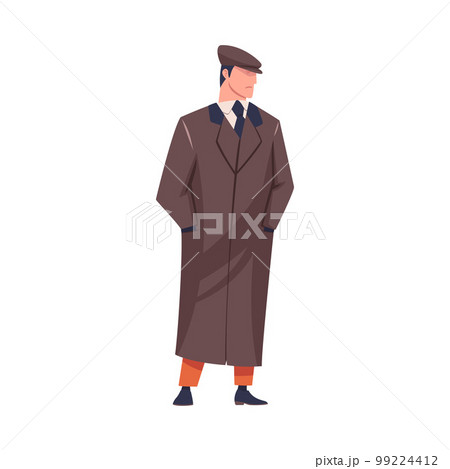 Man Bandit or Gangster of Old London Standing Wearing Overcoat and Peaked Flat Cap Vector Illustration Man Bandit or Gangster of Old London Standing Wearing Overcoat and Peaked Flat Cap Vector Illustration 99224412