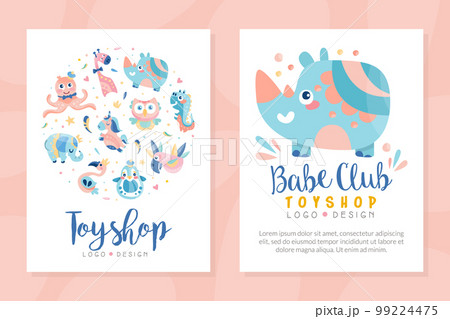 Tpy shop logo design. Baby club, education center, play zone labels, badges with cute animals and birds vector illustration Tpy shop logo design. Baby club, education center, play zone labels, badges with cute animals and birds vector illustration 99224475
