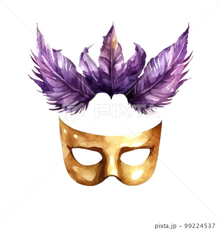 Carnival venetian mask with feathers colored drawing, realistic Watercolor illustration 99224537