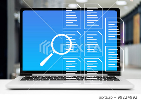 The concept of checking documents. Graphics with document icons on laptop background. 99224992