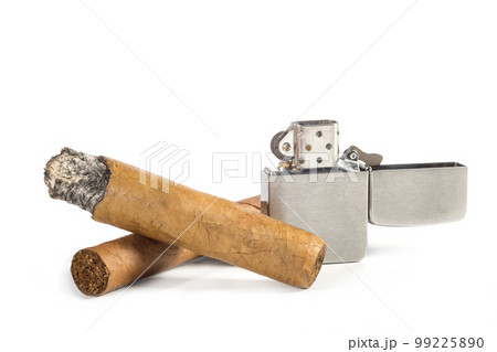 Cigars and gas lighter on a white background 99225890