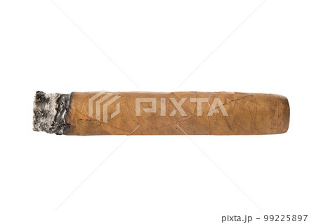 Burnt cigar isolated on white background. Close-up 99225897
