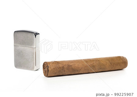 Havana cigar and metal lighter on a white isolated background 99225907