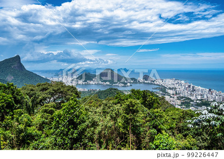 View from Vista Chinesa of Guanabara Bay, Christ Redeemer and Sugarloaf mountain in Rio de Janeiro, Brazil 99226447