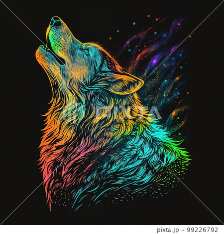 Iridescent psychedelic wolf in neon colors, howling. Spirit animal colorful portrait. Generative AI 99226792