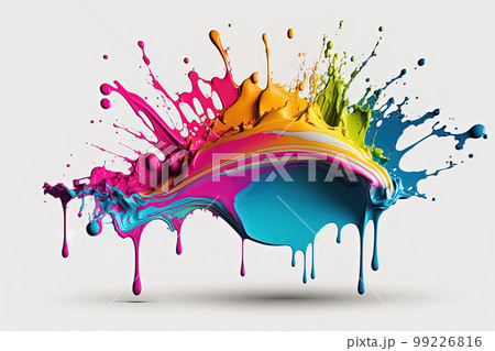 Colorful liquid paint splash on white background. Abstract paint texture background, copy space Colorful liquid paint splash on white background. Abstract paint texture background, copy space 99226816