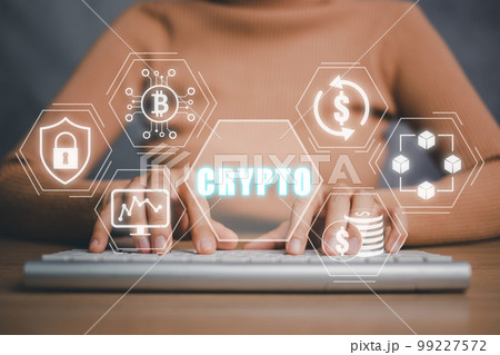 Cryptocurrency concept, Person hand typing on keyboard computer with cryptocurrency icon on virtual screen. 99227572