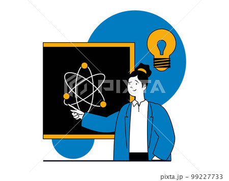 Education concept with character situation. Teacher points to atom structure and explains new material at physics lesson in classroom. Vector illustrations with people scene in flat design for web Education concept with character situation. Teacher points to atom structure and explains new material at physics lesson in classroom. Vector illustrations with people scene in flat design for web 99227733