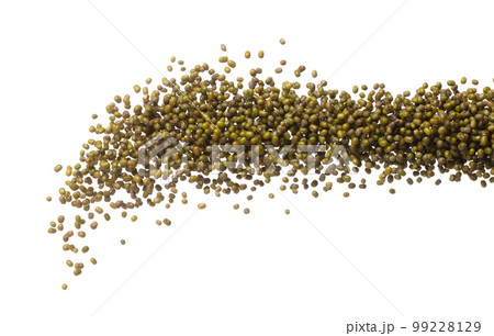 Green mung beans fall down explosion, green mung bean float explode, abstract cloud fly. Dried green mung beans splash throwing in Air. White background Isolated high speed shutter, freeze motion 99228129