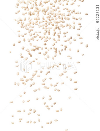 White bean fall down in group, white bean float explode, abstract cloud fly. Off-white beans splash throwing in Air. White background Isolated high speed shutter, freeze motion 99228131