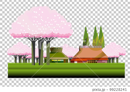 A gentle spring mountain village landscape with cherry blossoms and an old folk house. 99228241
