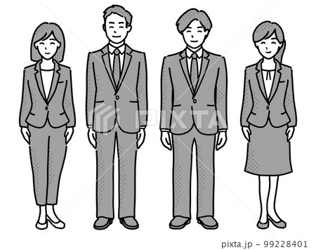 スーツ姿の男女イラストセット2組　全身モノクロ 99228401