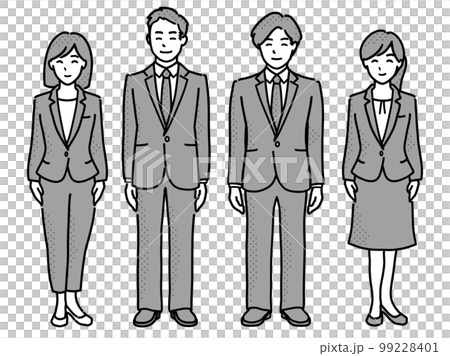 スーツ姿の男女イラストセット2組　全身モノクロ 99228401