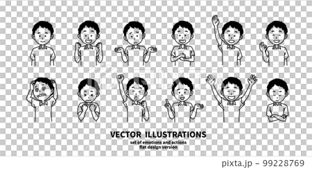 Illustration set of facial expressions and gestures short-sleeved men monochrome Illustration set of facial expressions and gestures short-sleeved men monochrome 99228769