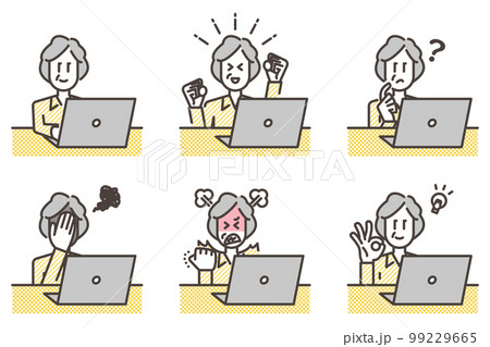 ノートパソコンとシニア女性の喜怒哀楽感情表情バリエーション【ベクターイラスト素材】 99229665