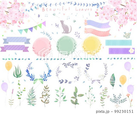 見出し吹き出しあしらいに使えるパステルカラーのかわいい桜ー春のイラストベクターセット素材　 99230151