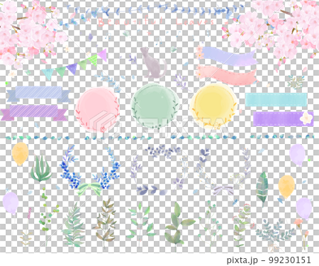 見出し吹き出しあしらいに使えるパステルカラーのかわいい桜ー春のイラストベクターセット素材　 99230151