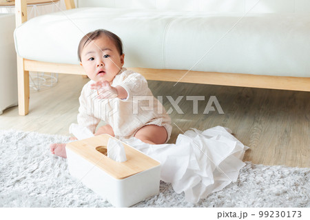 赤ちゃんのいたずら　ティッシュペーパーを出し散らかす 99230173